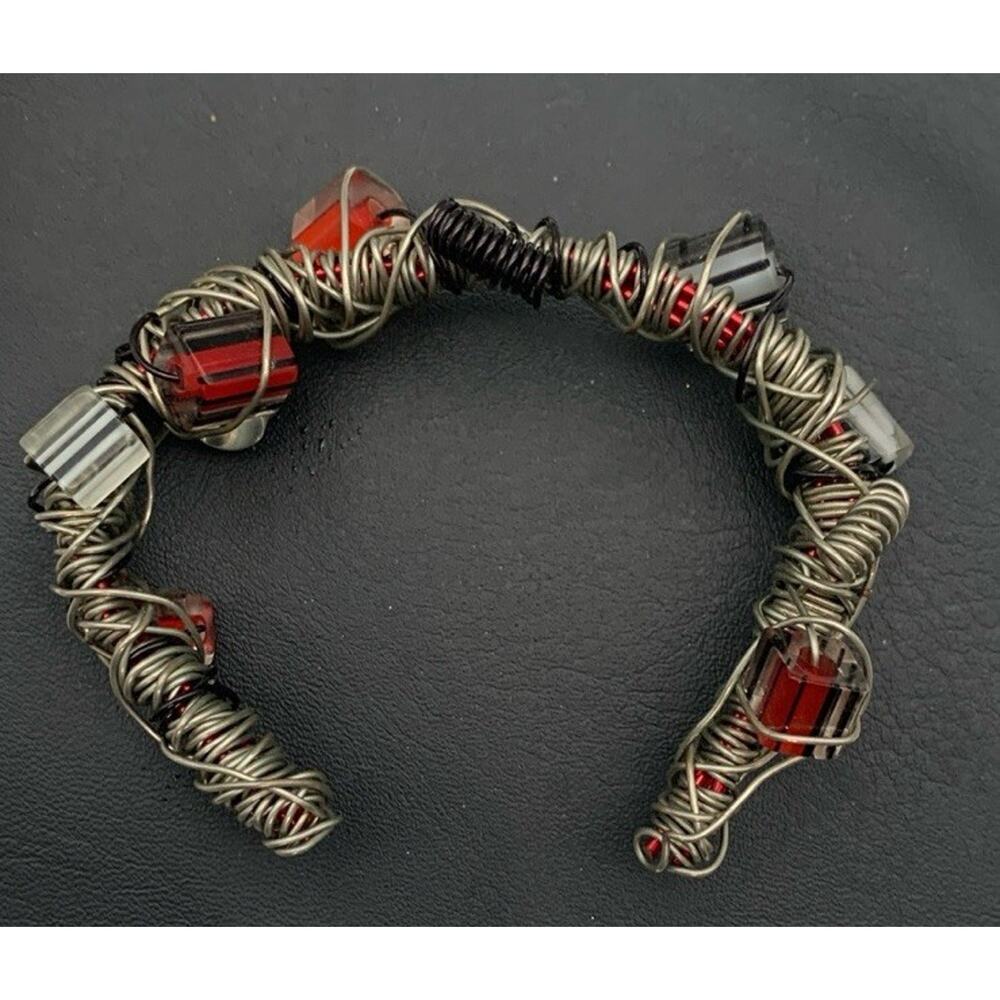 Steampunk Brutalist Artistic‎ Red Black Bead Wire Wrapped Cuff Bracelet